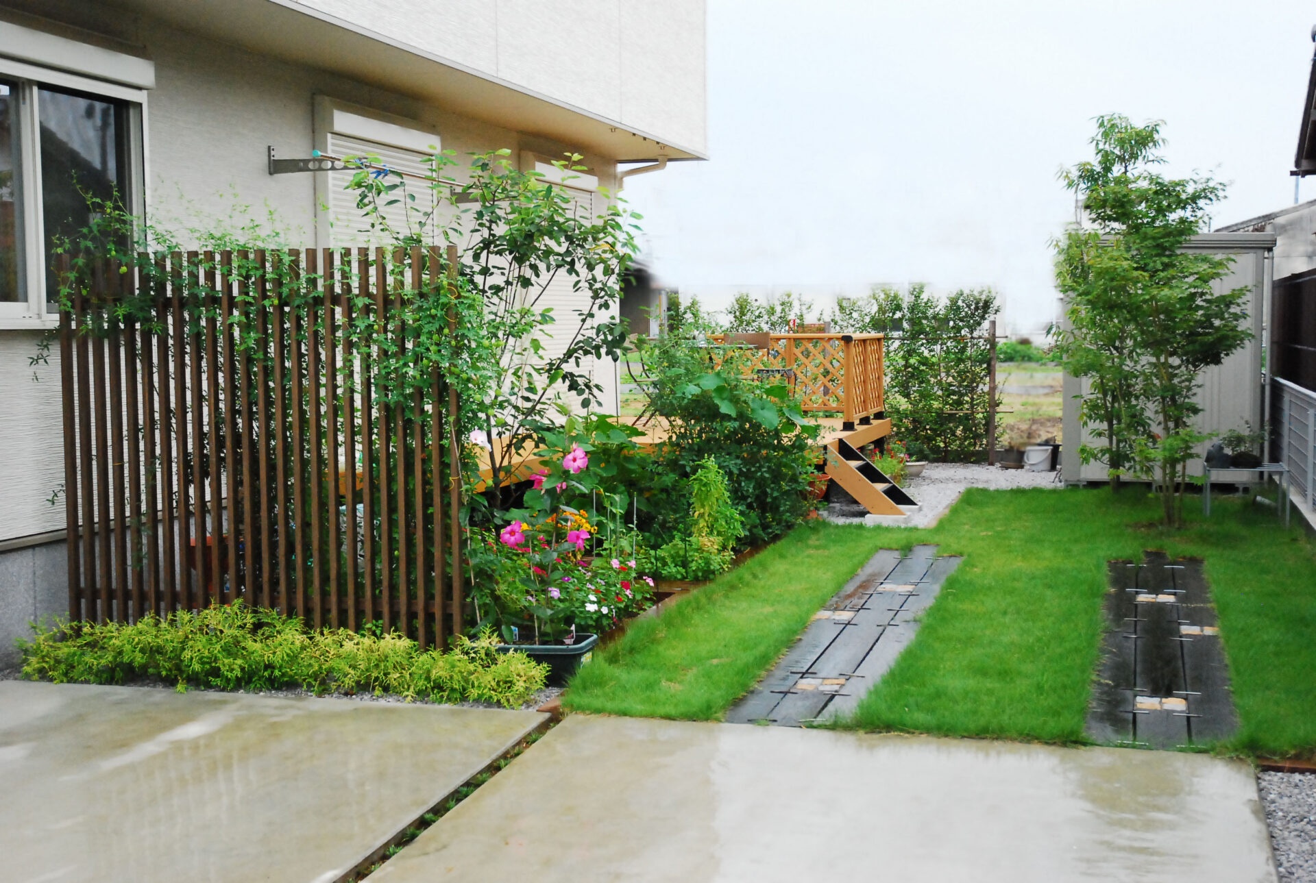 東松山市の明るい色使いでナチュラルなやわらかい雰囲気のお庭の庭まわり