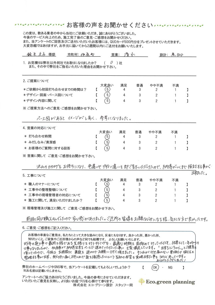 伊奈町の外構の施工事例のお客様アンケート
