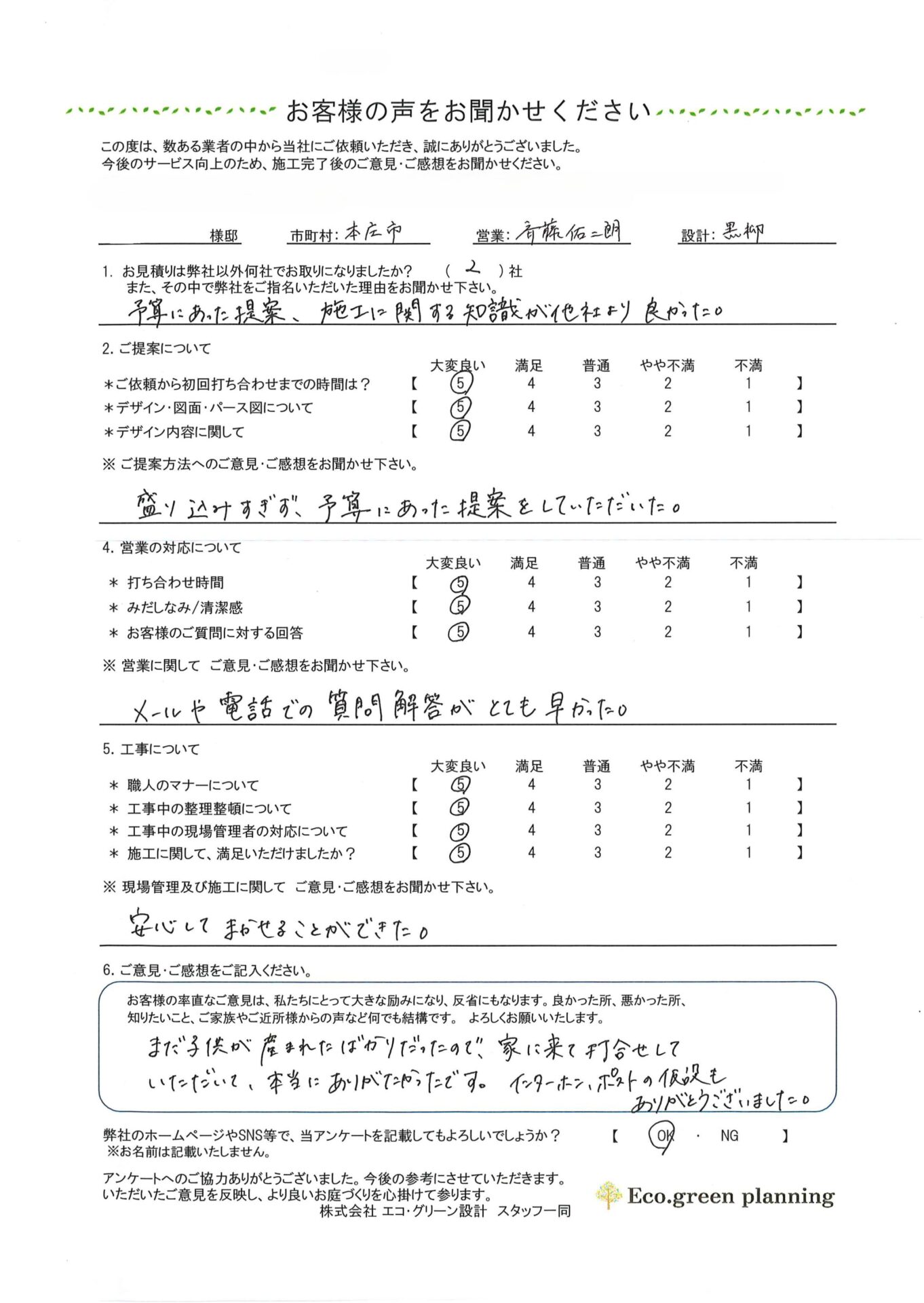 本庄市の新築外構のお客様アンケート