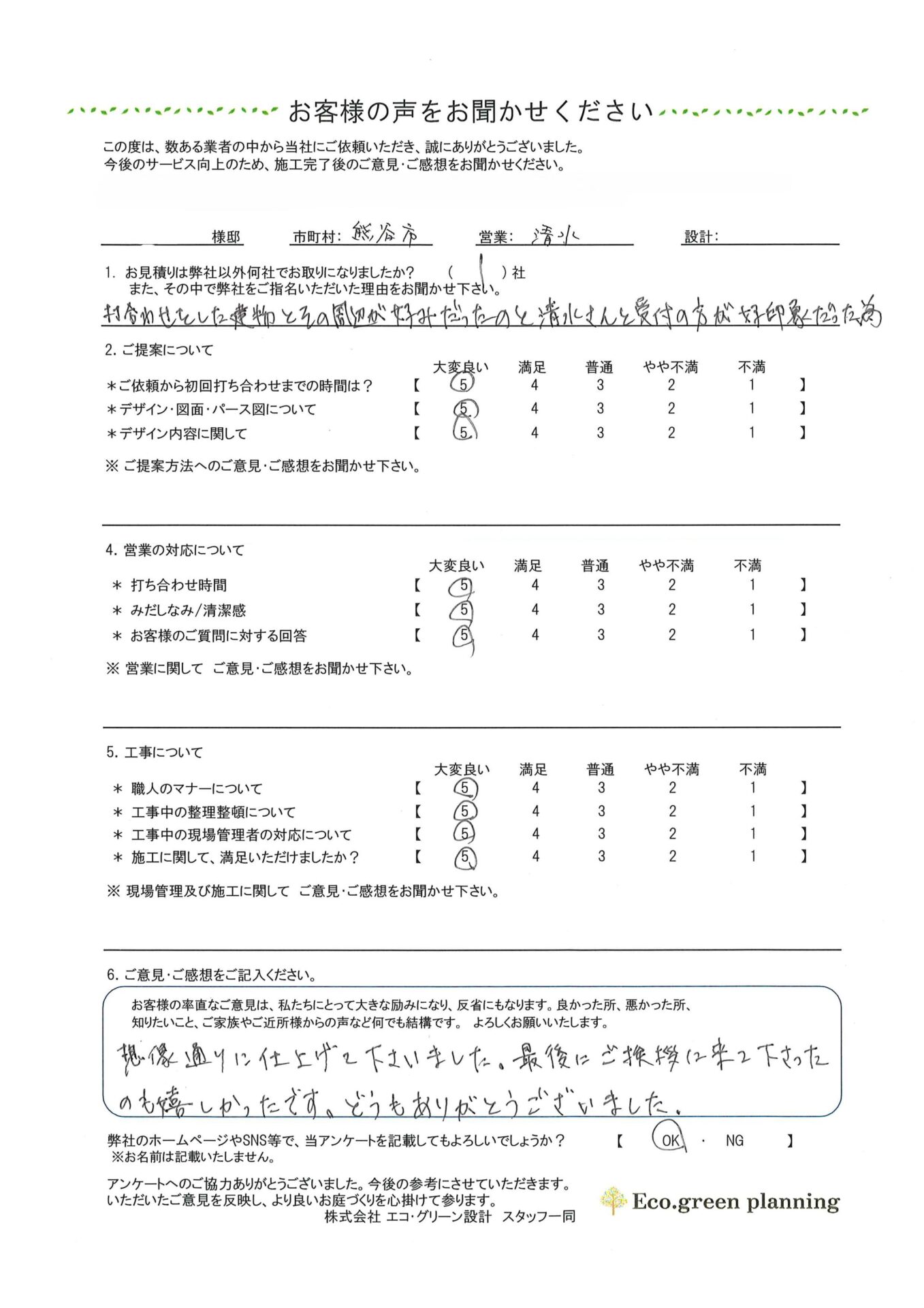 熊谷市の新築外構のお客様アンケート