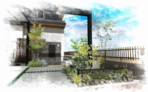 加須市 シャープなカーポートのラインに植栽の柔らかな表情が寄り添うエクステリア