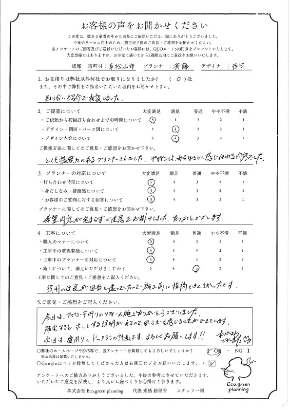 帰宅するとホッとする照明があるので安らぎを感じることができています。